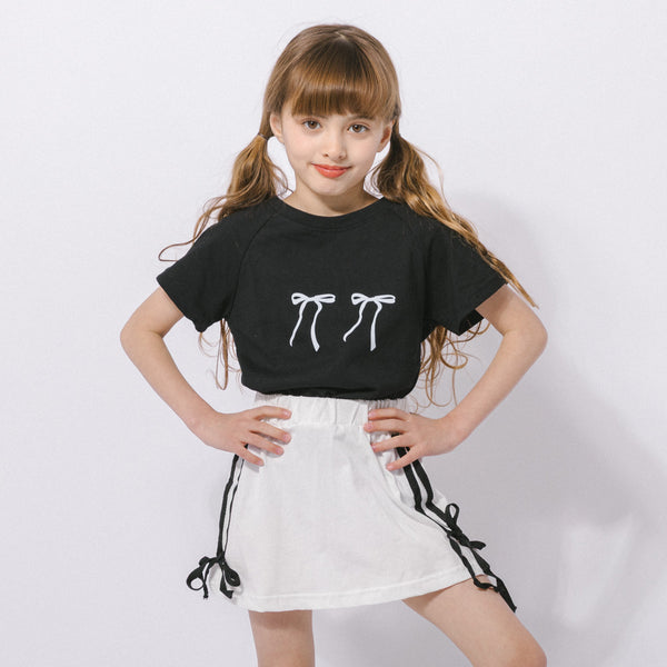 【2点セット】リボンプリントTシャツ＋サイドラインスカート