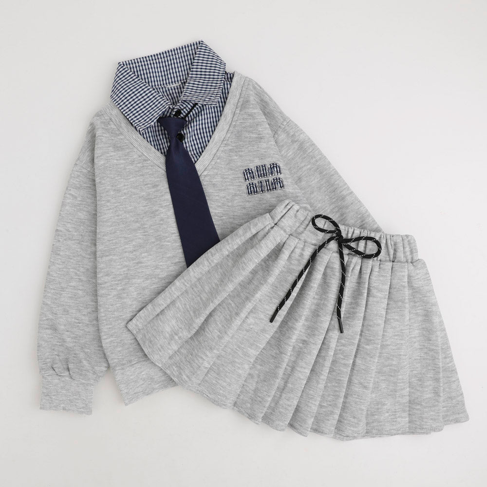 【2点セット】タイ付きシャツドッキングトレーナー＋プリーツスカート