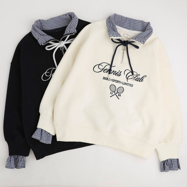 折り返しギンガムチェックデザインフロントロゴトレーナー