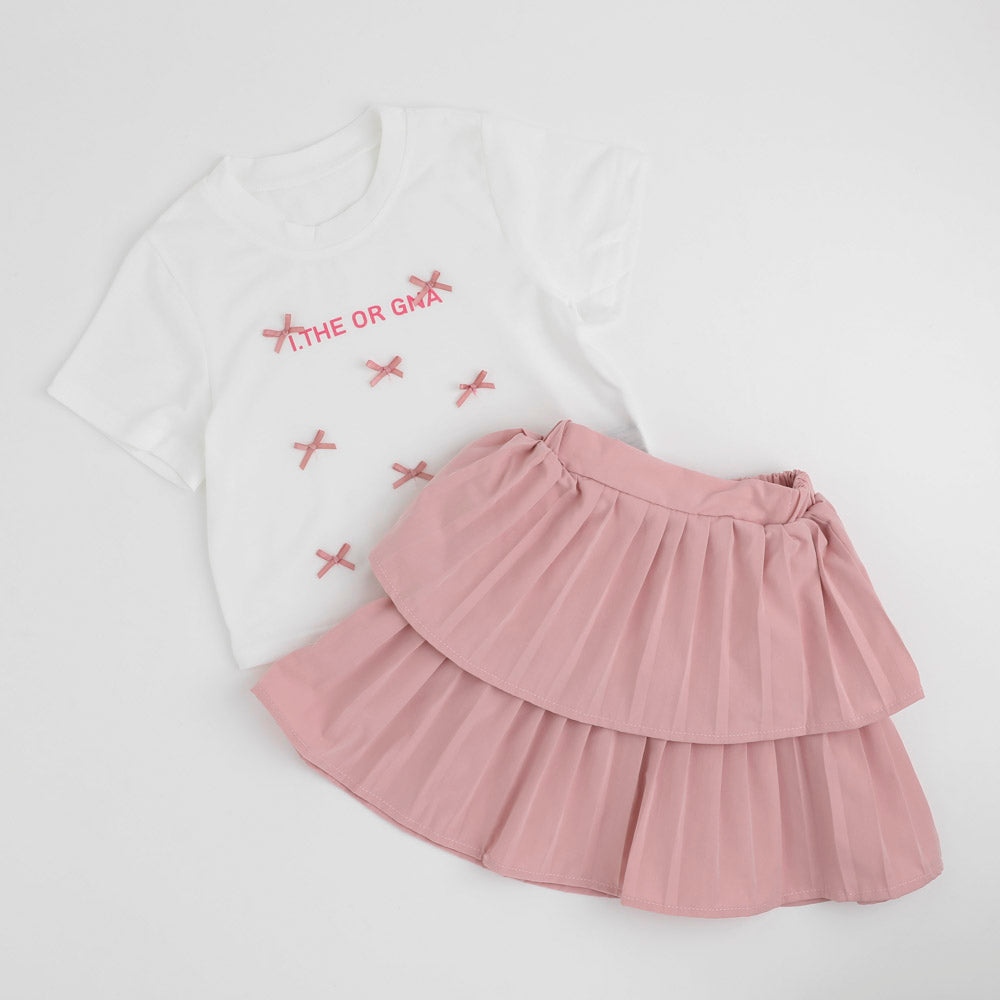 【2点セット】ミニリボンデザインTシャツ＋プリーツティアードスカート