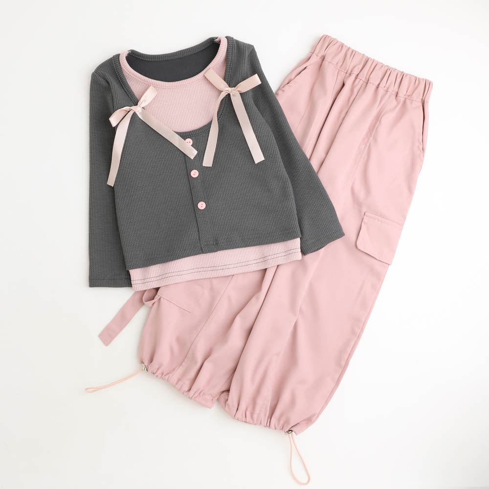 【2点セット】レイヤードライクリボントップス＋カーゴパンツ