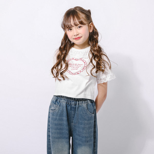 【綿100％/吸水速乾】レースフリルフレンチハートプリントクロップドTシャツ