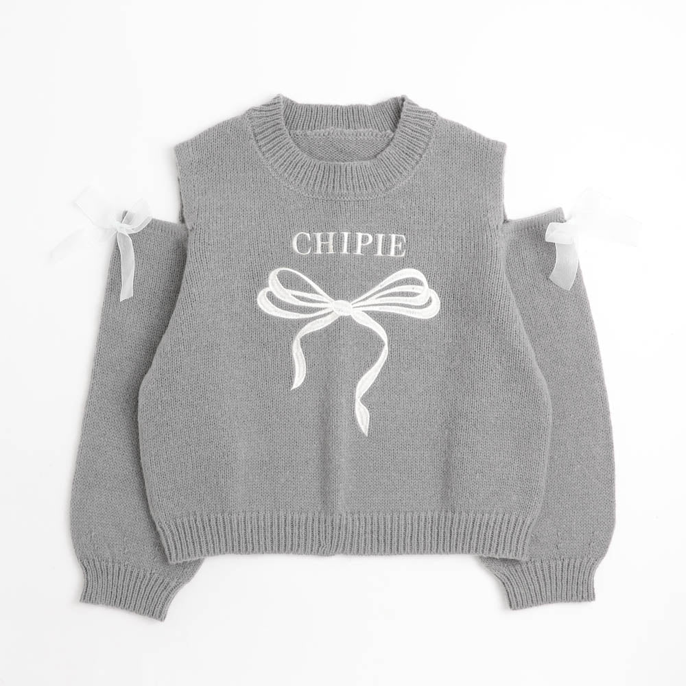 【CHIPIE/シピ】カットショルダーリボン刺繍ニット