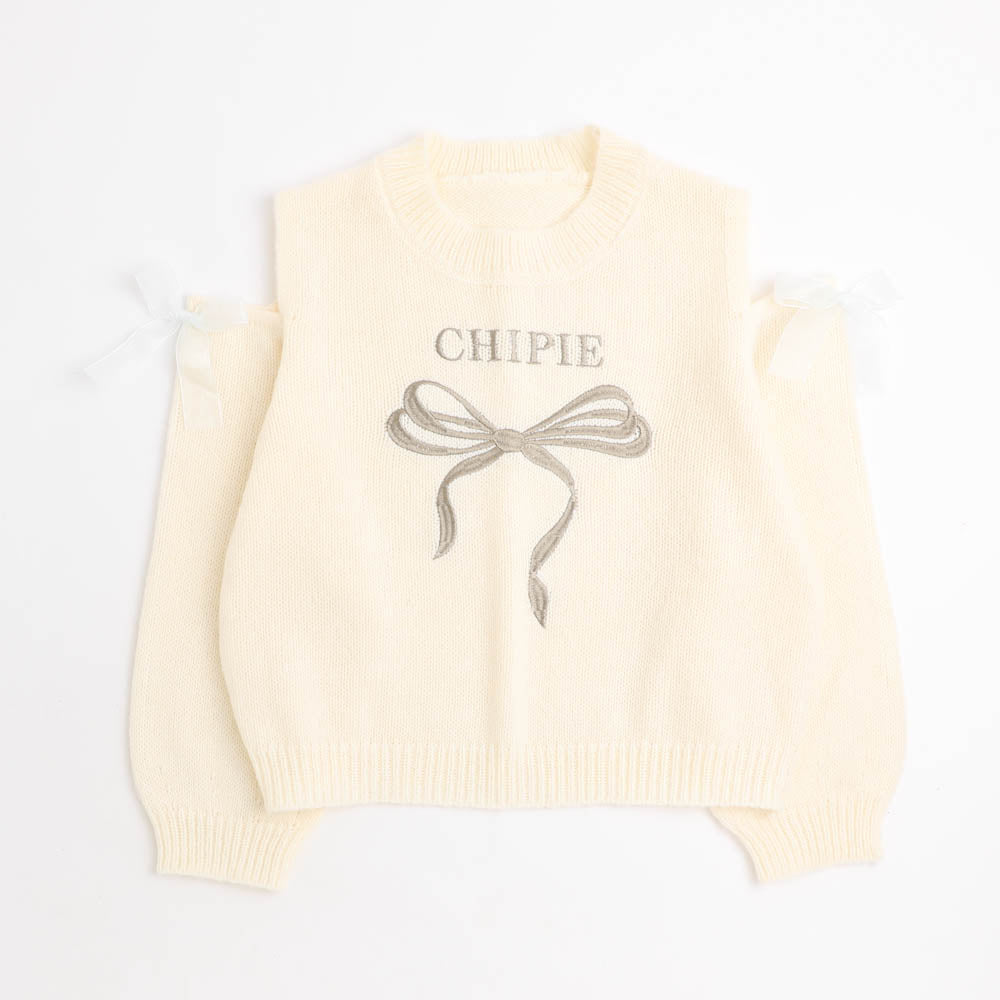 【CHIPIE/シピ】カットショルダーリボン刺繍ニット