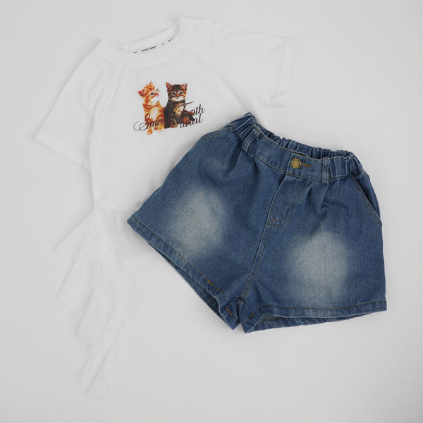 【2点セット】レースフリルドッキングキャットプリントTシャツ＋デニムショートパンツ