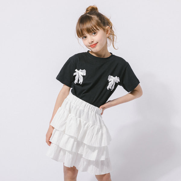 【2点セット】バックリボンレースデザインTシャツ＋ティアードスカート