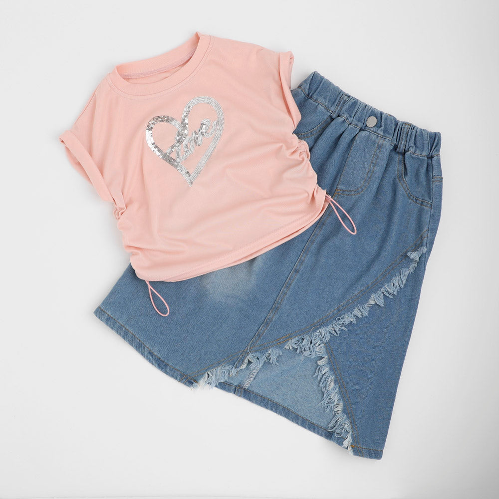 【2点セット】サイドギャザーハートTシャツ＋アシンメトリーダメージデニムスカート