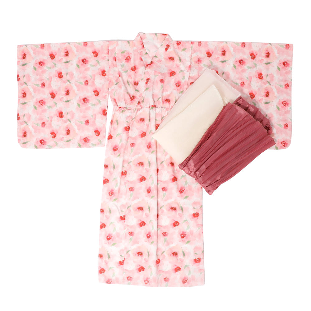 【被るだけ簡単＆アレンジ自在】ニュアンスフラワーワンピ浴衣（桃華）+兵児帯2点セット