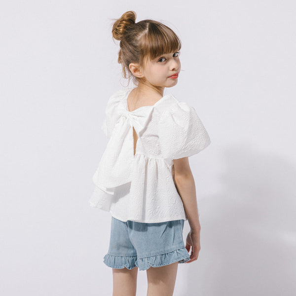 バックリボンスクエアネックジャカードペプラムトップス