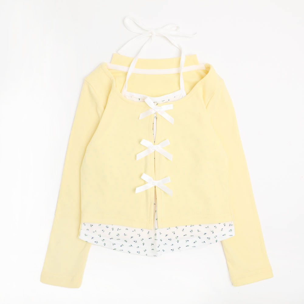 フラワープリントインナードッキングリボントップス