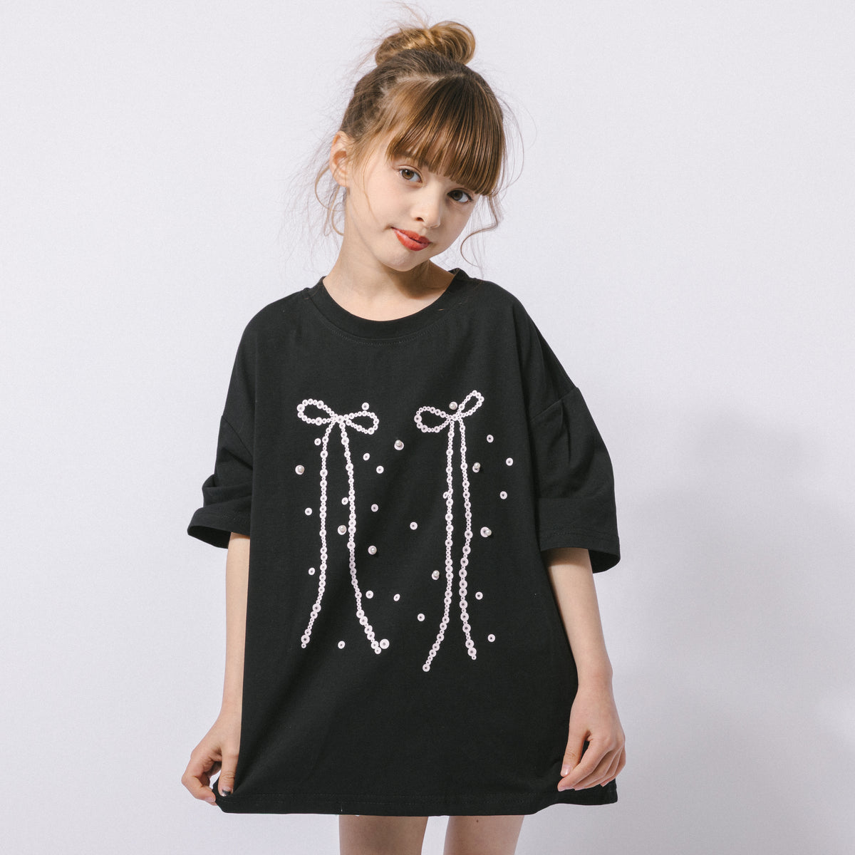 threepaper Tシャツ パールリボンプリント ビッグ ミニ パールリボンデザインTシャツ|子供服・キッズファッション通販 - URBAN