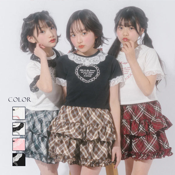 【綿100％/吸水速乾】レースフリルフレンチハートプリントクロップドTシャツ