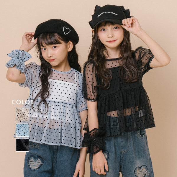 【シュシュ付き】ハートドットシアーパフスリーブペプラムトップス