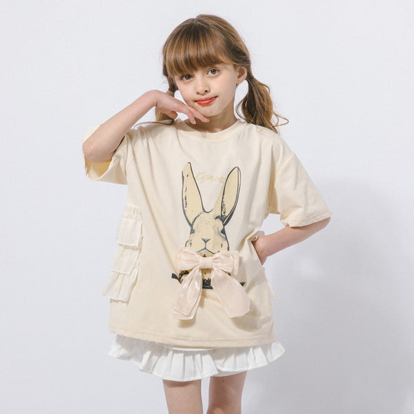 ラビットプリントオーガンジーリボンオーバーサイズTシャツ