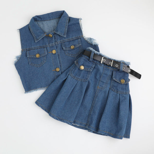 【3点セット】デニムノースリーブトップス＋ベルト付きプリーツスカート
