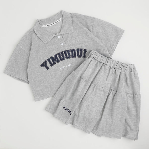 【2点セット】クロップドロゴプリントポロトップス＋フレアスカート