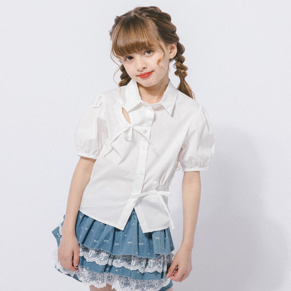 カットデザインギャザーパフスリーブクロップドブラウス