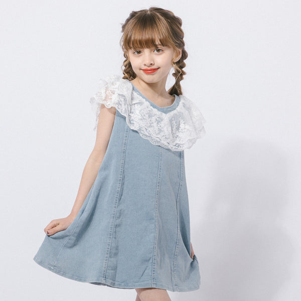 フリルレースドッキングデニムワンピース