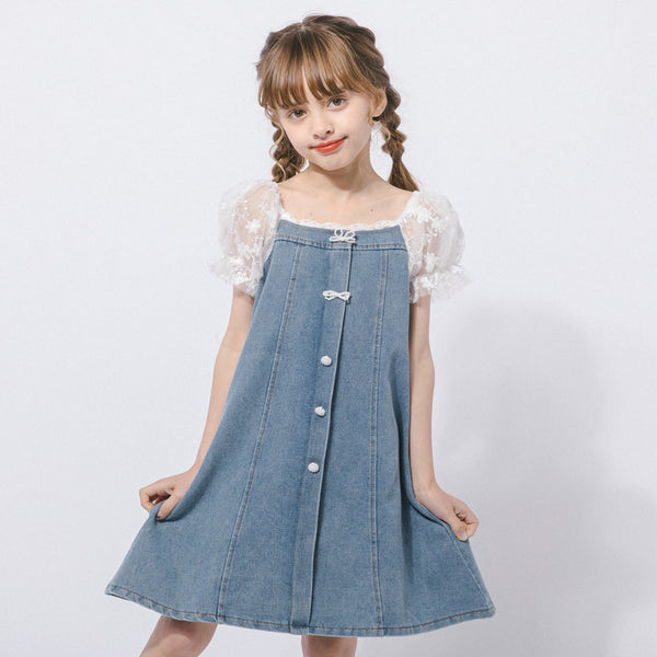レースシアーパフスリーブリボンデニムワンピース