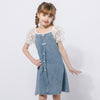 レースシアーパフスリーブリボンデニムワンピース