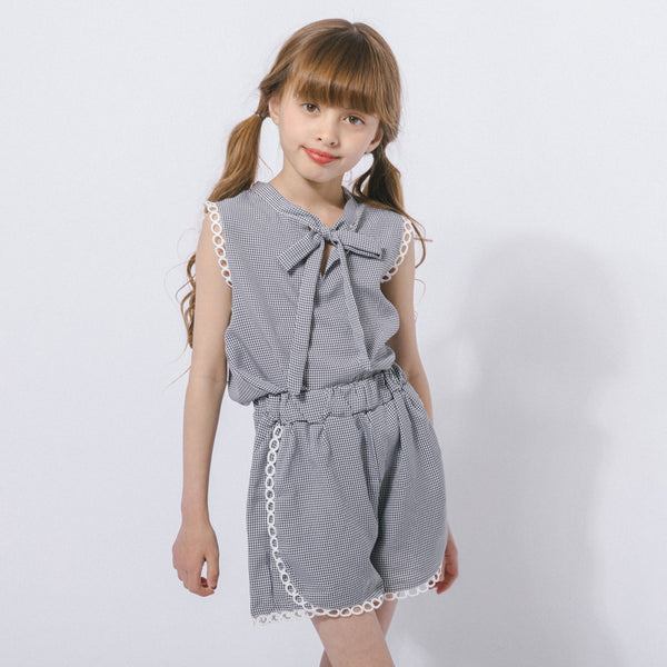 【2点セット】ギンガムチェックボウタイノースリーブブラウス＋ショートパンツ
