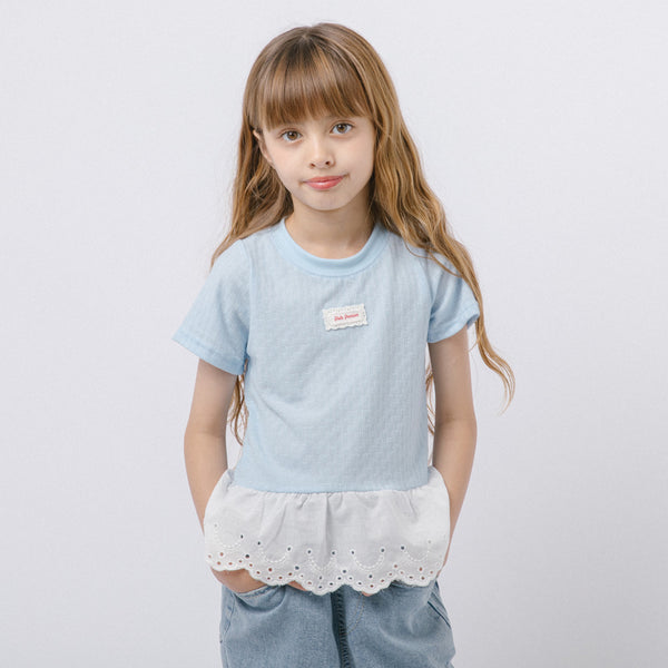 カットワークレースフリルドッキングTシャツ