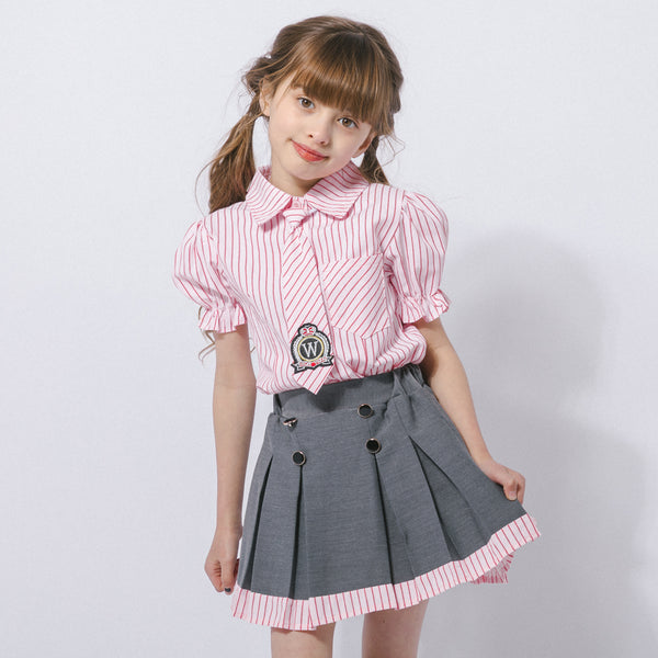 【2点セット】エンブレムタイ付きストライプシャツ＋プリーツスカート