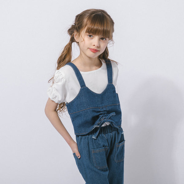 【3点セット】Tシャツ＋ギャザーデニムビスチェ＋ストレートパンツ