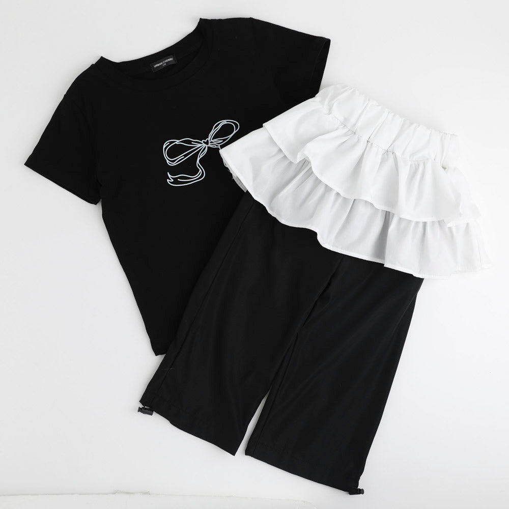 【2点セット】リボンプリントクロップドTシャツ＋フリルドッキングパンツ