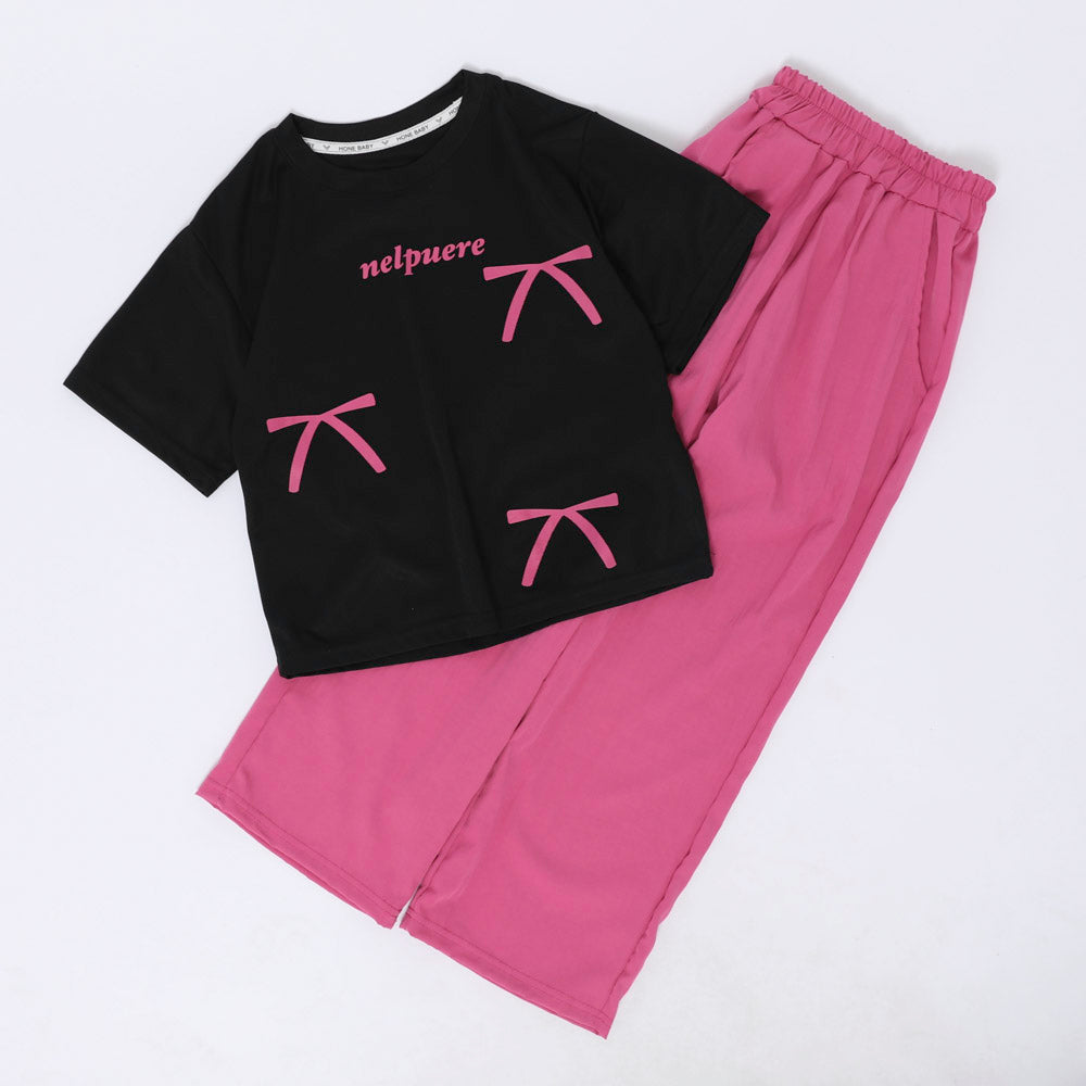 【2点セット】リボンプリントオーバーサイズTシャツ＋カラーストレートパンツ