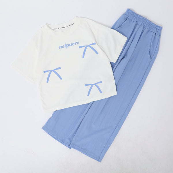 【2点セット】リボンプリントオーバーサイズTシャツ＋カラーストレートパンツ