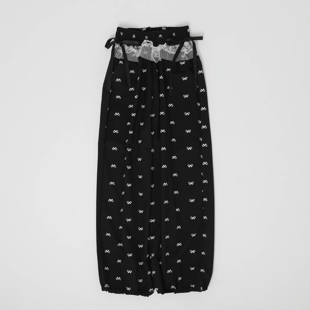 チュールティアードフリルリボンプリントボトムス
