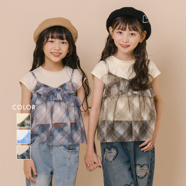 【2点セット】フレンチスリーブトップス＋チェックシアーフリルキャミ