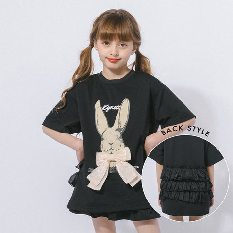 ラビットプリントオーガンジーリボンオーバーサイズTシャツ