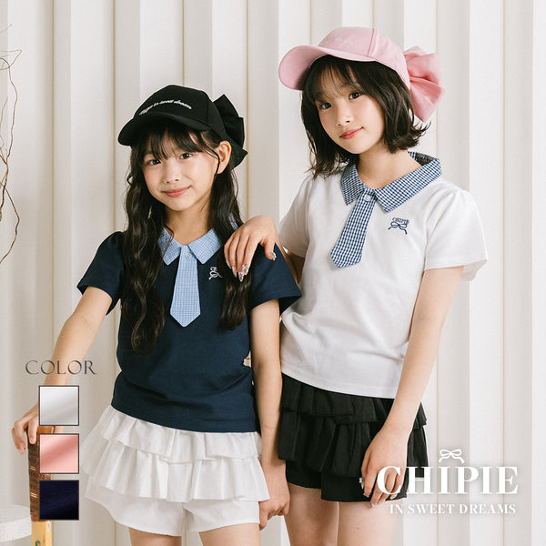 【CHIPIE/シピ】"サラ軽ポロ"チェックネクタイドッキングトップス