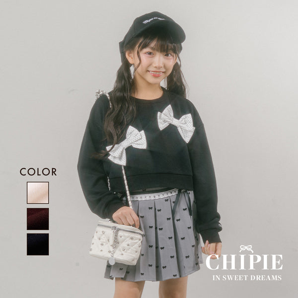 【CHIPIE/シピ】ビッグポルカドットリボンデザインクロップドトレーナー