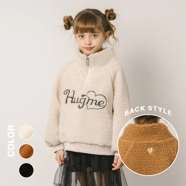 【HUGMEボア】（軽ふわ保温素材）ハートロゴ刺繍スタンドカラーハーフジップトップス