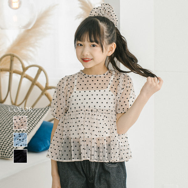 【シュシュ付き】ハートドットシアーパフスリーブペプラムトップス