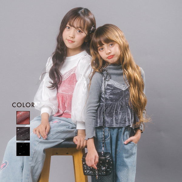 【キラッと注目集める】"ジュエルベロア"レースフレアペプラムキャミトップス