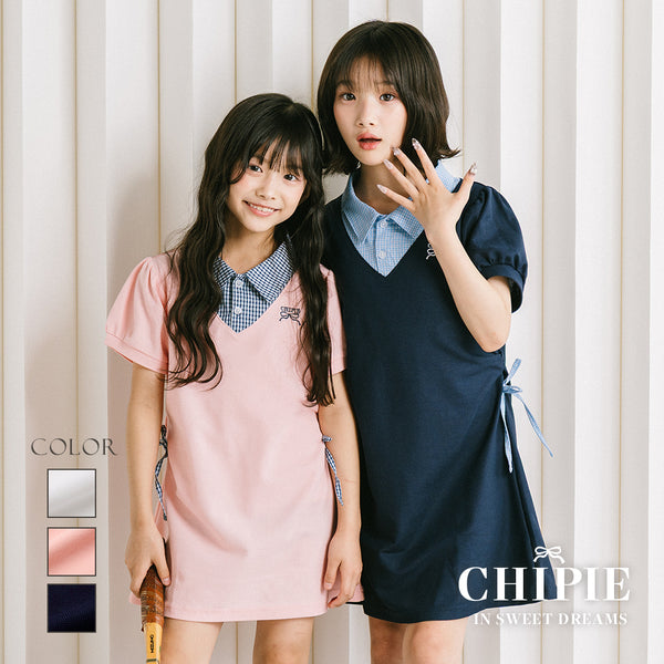 【CHIPIE/シピ】"サラ軽ポロ"チェックシャツドッキングサイドギャザーリボンワンピース
