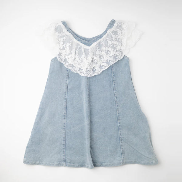 フリルレースドッキングデニムワンピース