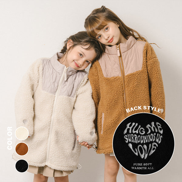 【HUGMEボア】（軽ふわ保温素材）おうちで洗える!ハートロゴ刺繍中綿キルティングMIXボアコート