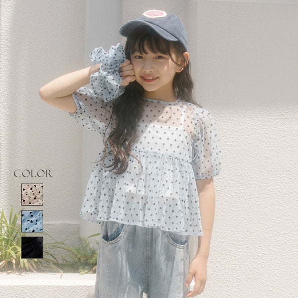 【シュシュ付き】ハートドットシアーパフスリーブペプラムトップス