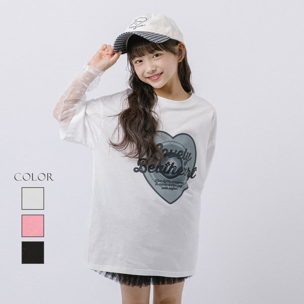 ハートレコードプリントチュールドッキングTシャツ