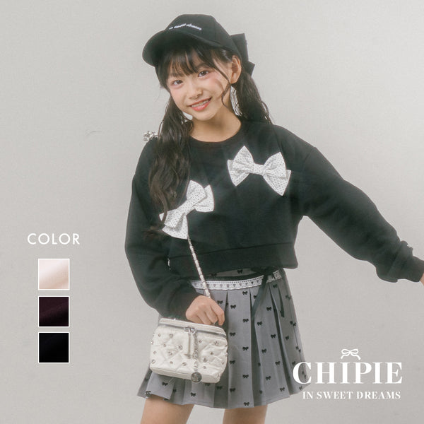 【CHIPIE/シピ】ビッグポルカドットリボンデザインクロップドトレーナー