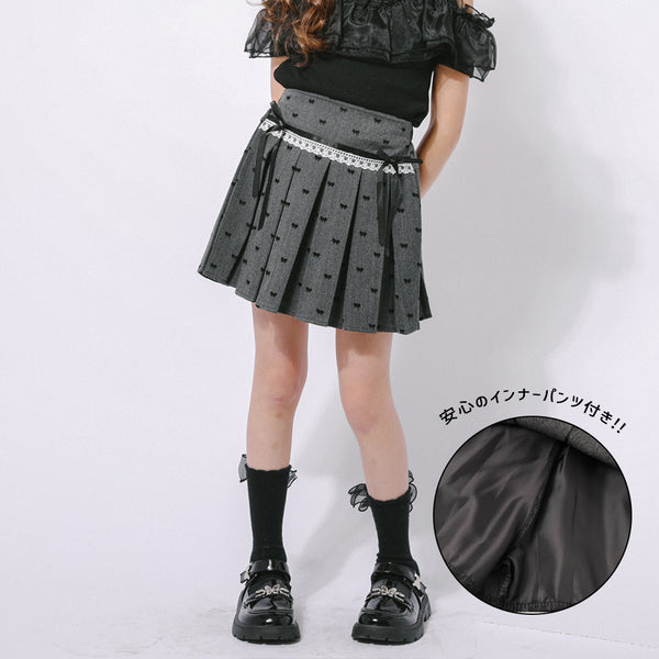 【インナーパンツ付き】レース切り替えリボンプリーツスカート