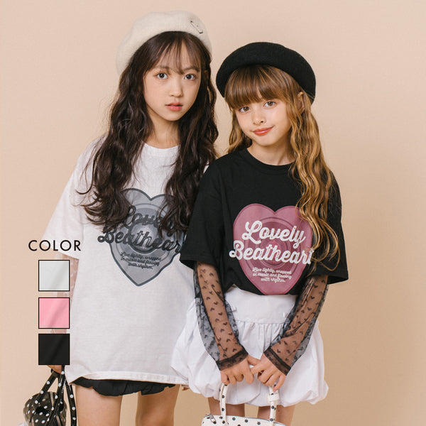 ハートレコードプリントチュールドッキングTシャツ