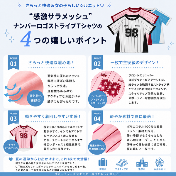 【U.TRACK/ユードットトラック】"感激サラメッシュ"ナンバーロゴストライプTシャツ