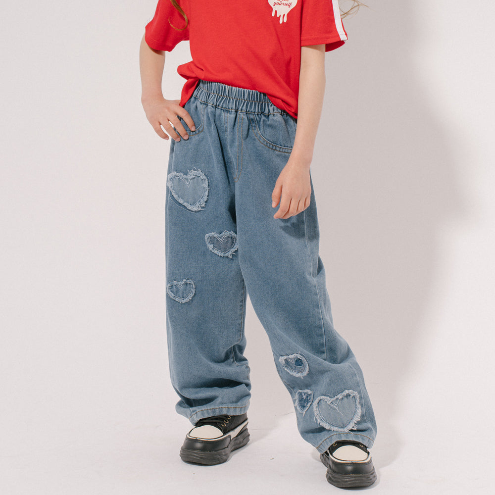 ハートパッチデザインデニムストレートパンツ|子供服・キッズ