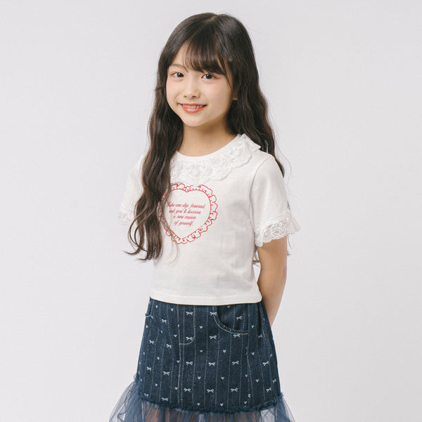 【綿100％/吸水速乾】レースフリルフレンチハートプリントクロップドTシャツ